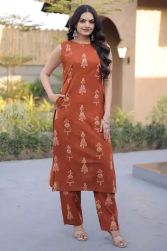 Rust cotton printed kurta and bottom set