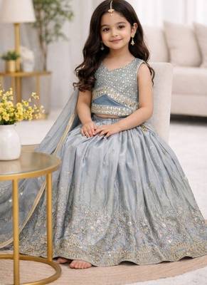 Grey georgette embroidered work wedding kids lehenga choli 1