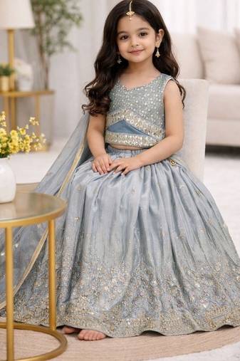 Grey georgette embroidered work wedding kids lehenga choli