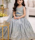 Grey georgette embroidered work wedding kids lehenga choli