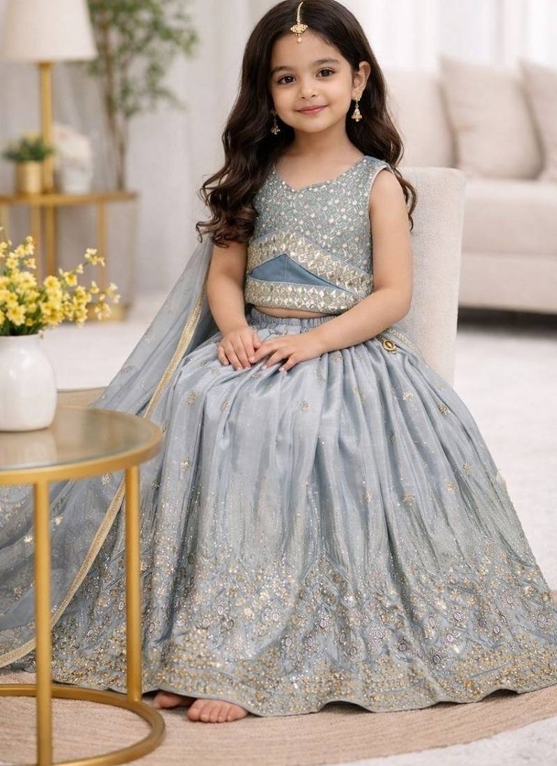 Grey georgette embroidered work wedding kids lehenga choli