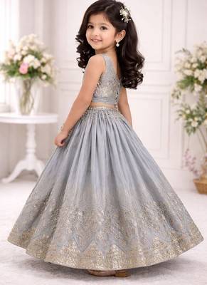 Grey georgette embroidered work wedding kids lehenga choli 2