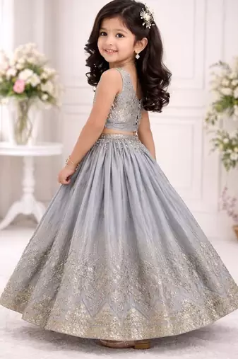 Grey georgette embroidered work wedding kids lehenga choli