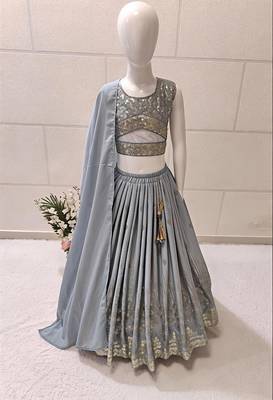 Grey georgette embroidered work wedding kids lehenga choli 3