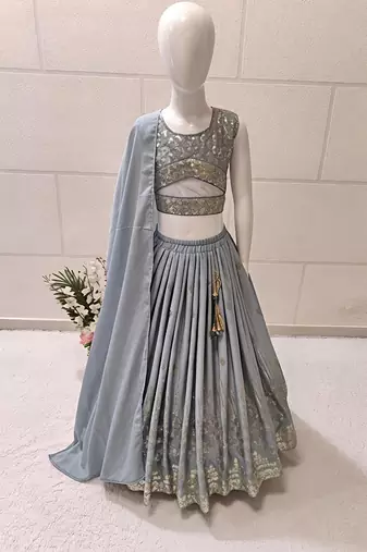 Grey georgette embroidered work wedding kids lehenga choli