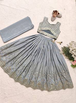 Grey georgette embroidered work wedding kids lehenga choli 4