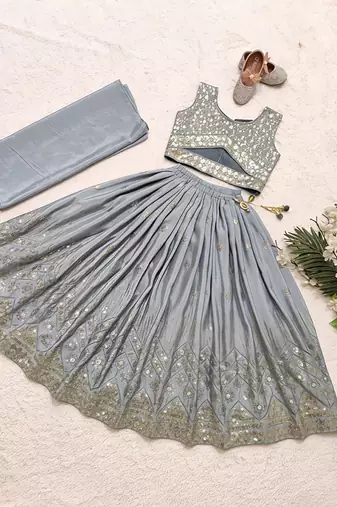 Grey georgette embroidered work wedding kids lehenga choli