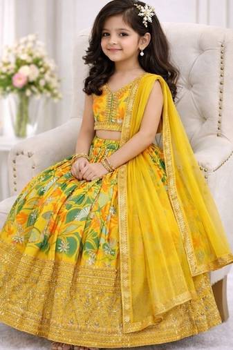 Yellow georgette digital printed wedding kids lehenga choli