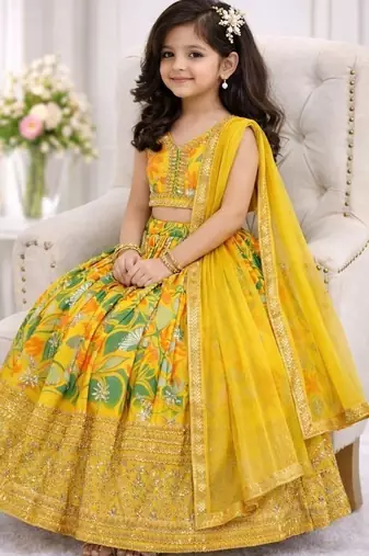 Yellow georgette digital printed wedding kids lehenga choli