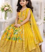 Yellow georgette digital printed wedding kids lehenga choli