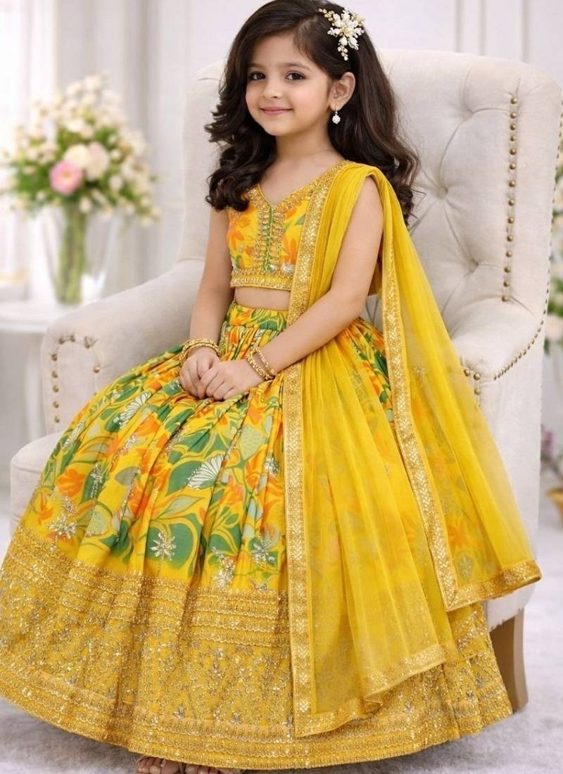 Yellow georgette digital printed wedding kids lehenga choli