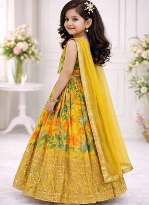 Yellow georgette digital printed wedding kids lehenga choli 2