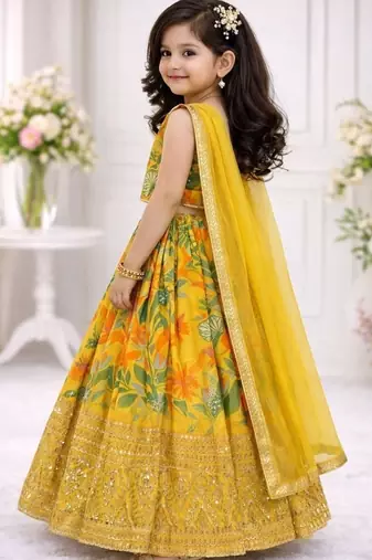 Yellow georgette digital printed wedding kids lehenga choli