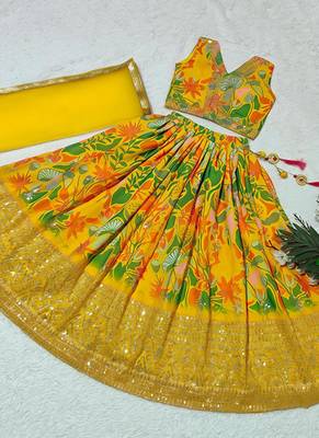 Yellow georgette digital printed wedding kids lehenga choli 3