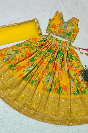 Yellow georgette digital printed wedding kids lehenga choli