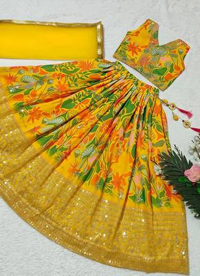 Yellow georgette digital printed wedding kids lehenga choli 4