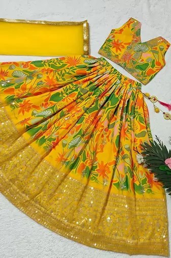 Yellow georgette digital printed wedding kids lehenga choli