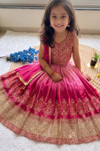 Designer chinon silk embroidered work wedding lehenga choli for kids