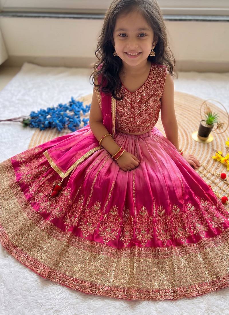 Designer chinon silk embroidered work wedding lehenga choli for kids