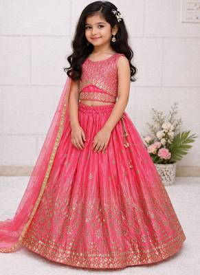 Pink chinon silk embroidered work wedding kids lehenga choli 1