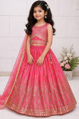 Pink chinon silk embroidered work wedding kids lehenga choli