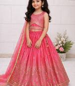Pink chinon silk embroidered work wedding kids lehenga choli