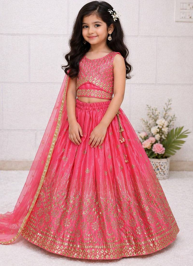 Pink chinon silk embroidered work wedding kids lehenga choli
