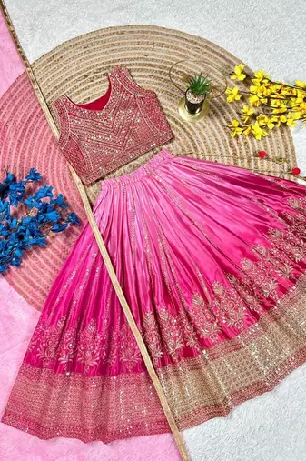 Designer chinon silk embroidered work wedding lehenga choli for kids