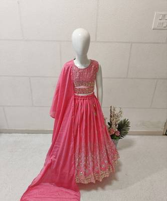 Pink chinon silk embroidered work wedding kids lehenga choli 2