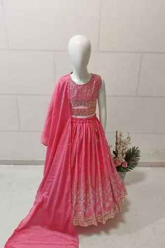 Pink chinon silk embroidered work wedding kids lehenga choli