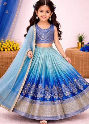 Designer chinon silk embroidered work wedding lehenga choli for kids 1