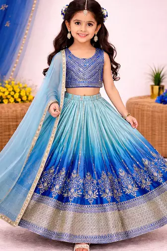 Designer chinon silk embroidered work wedding lehenga choli for kids
