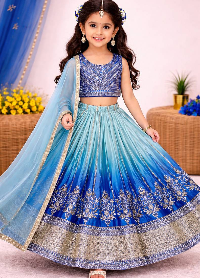 Designer chinon silk embroidered work wedding lehenga choli for kids
