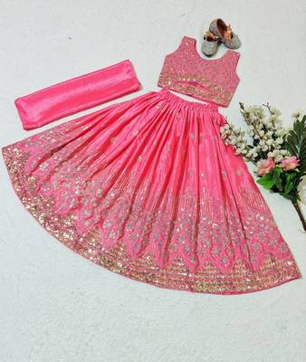 Pink chinon silk embroidered work wedding kids lehenga choli 3