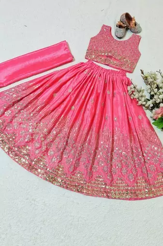 Pink chinon silk embroidered work wedding kids lehenga choli