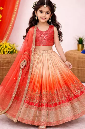 Designer chinon silk embroidered work wedding lehenga choli for kids