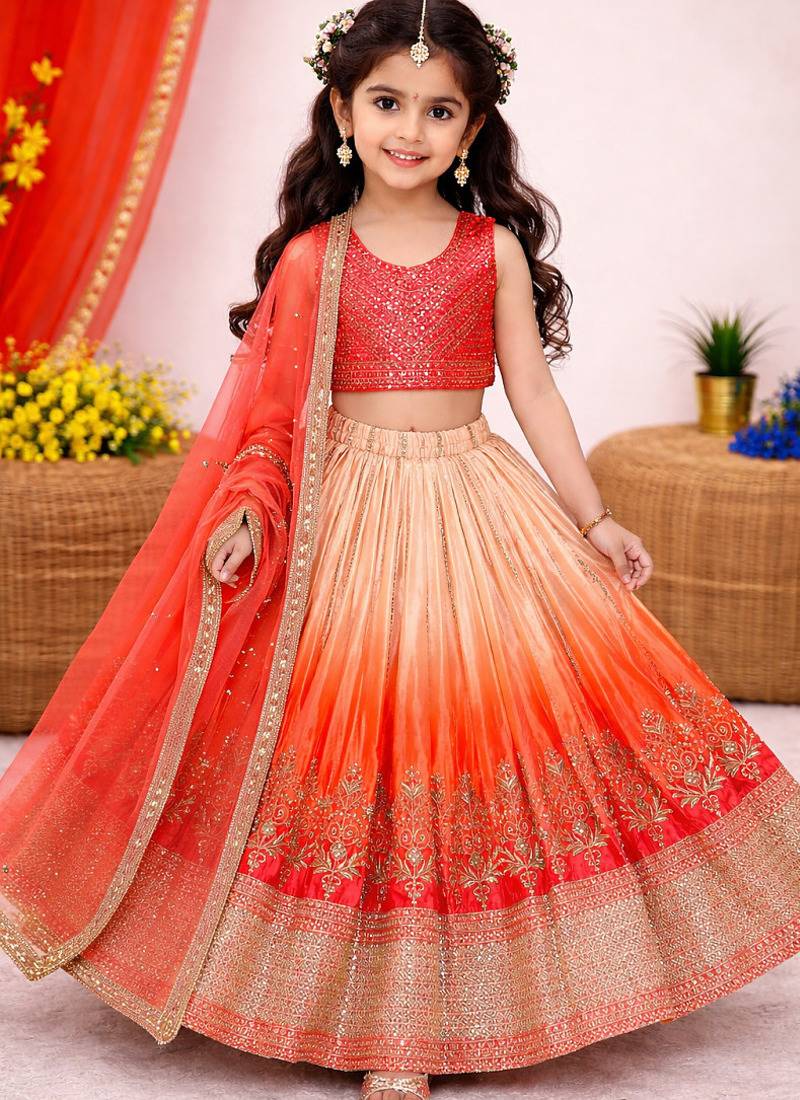 Designer chinon silk embroidered work wedding lehenga choli for kids