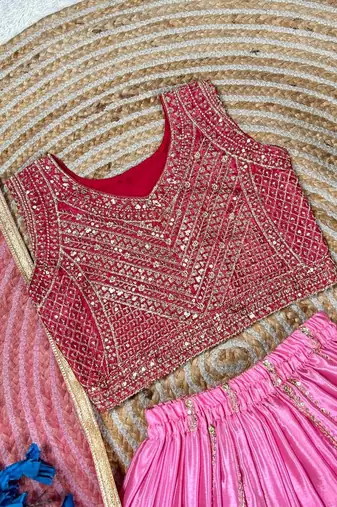 Designer chinon silk embroidered work wedding lehenga choli for kids