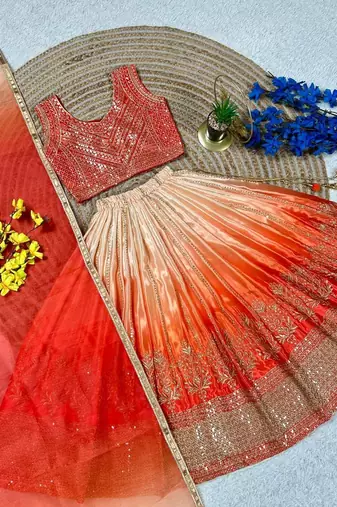 Designer chinon silk embroidered work wedding lehenga choli for kids