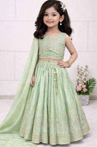 Pista chinon silk embroidered work wedding kids lehenga choli