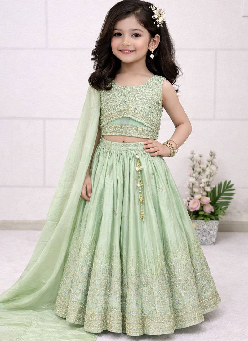 Pista chinon silk embroidered work wedding kids lehenga choli