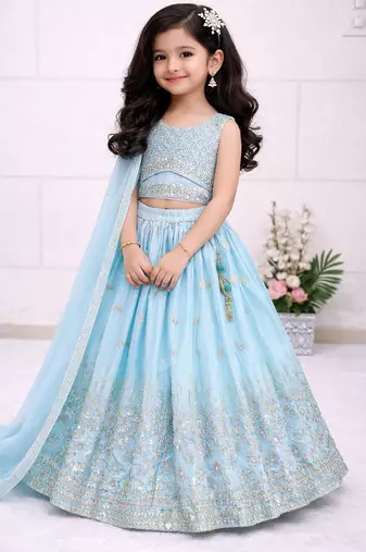 Skyblue chinon silk embroidered work wedding kids lehenga choli