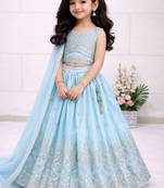 Skyblue chinon silk embroidered work wedding kids lehenga choli