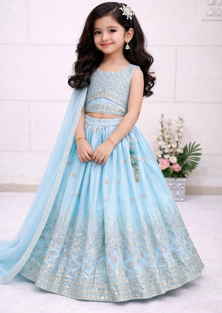 Skyblue chinon silk embroidered work wedding kids lehenga choli