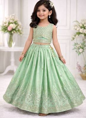 Pista chinon silk embroidered work wedding kids lehenga choli 2