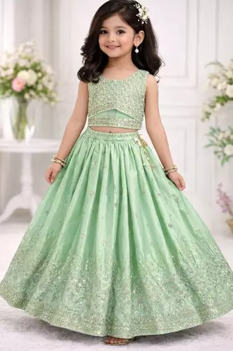 Pista chinon silk embroidered work wedding kids lehenga choli