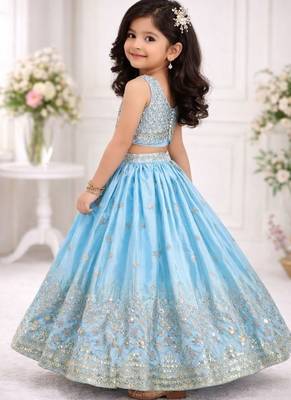 Skyblue chinon silk embroidered work wedding kids lehenga choli 2