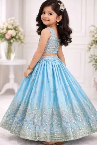 Skyblue chinon silk embroidered work wedding kids lehenga choli