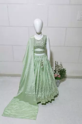 Pista chinon silk embroidered work wedding kids lehenga choli