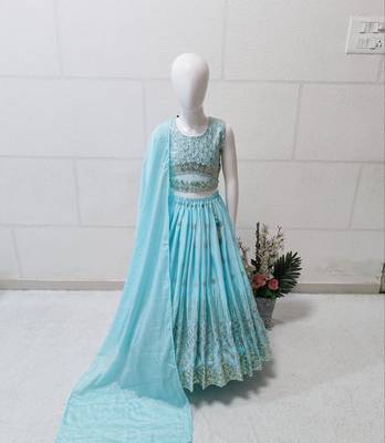 Skyblue chinon silk embroidered work wedding kids lehenga choli 3